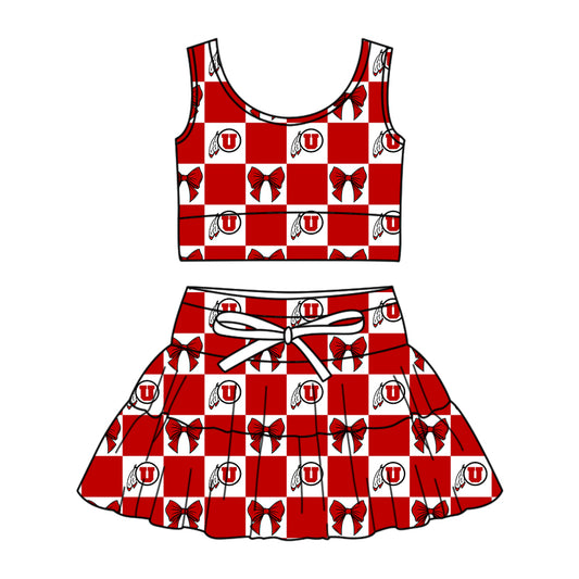 ( Moq 5 ) Baby Girls Kids Sleeveless U Bows Checked Tops Shorts Skirt Team Set