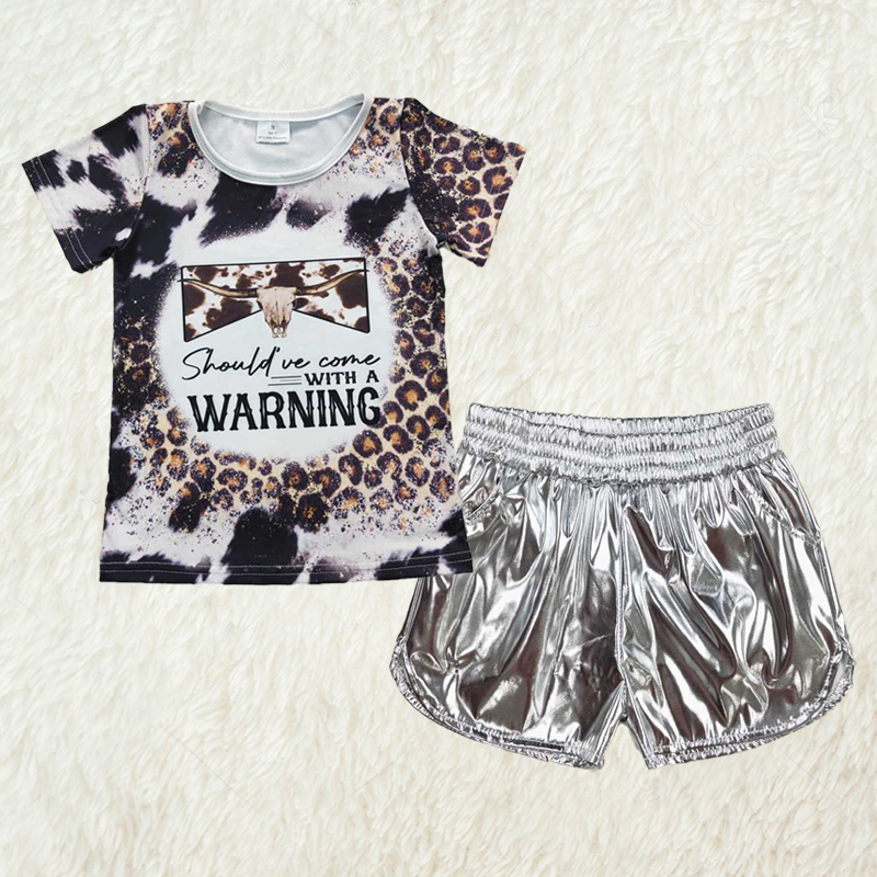 Baby Girl Short Sleeves Western Cow Leopard Shirt Leather Shorts Clothes Set RTS