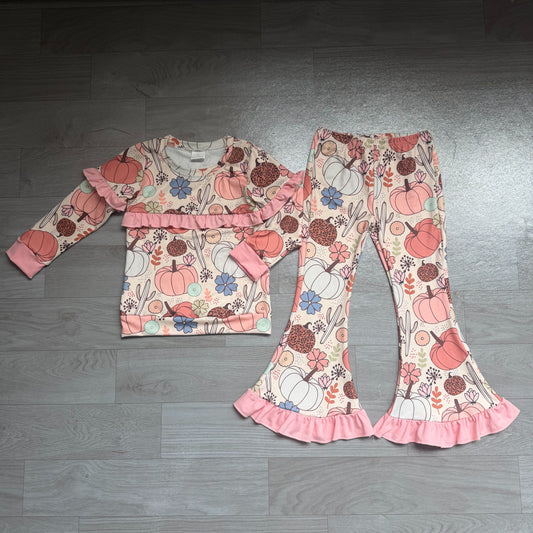 ( No moq ) Preorder Baby Girls Kids Pumpkins Flower Cactus Tops Ruffle Pants Set Fall Clothes