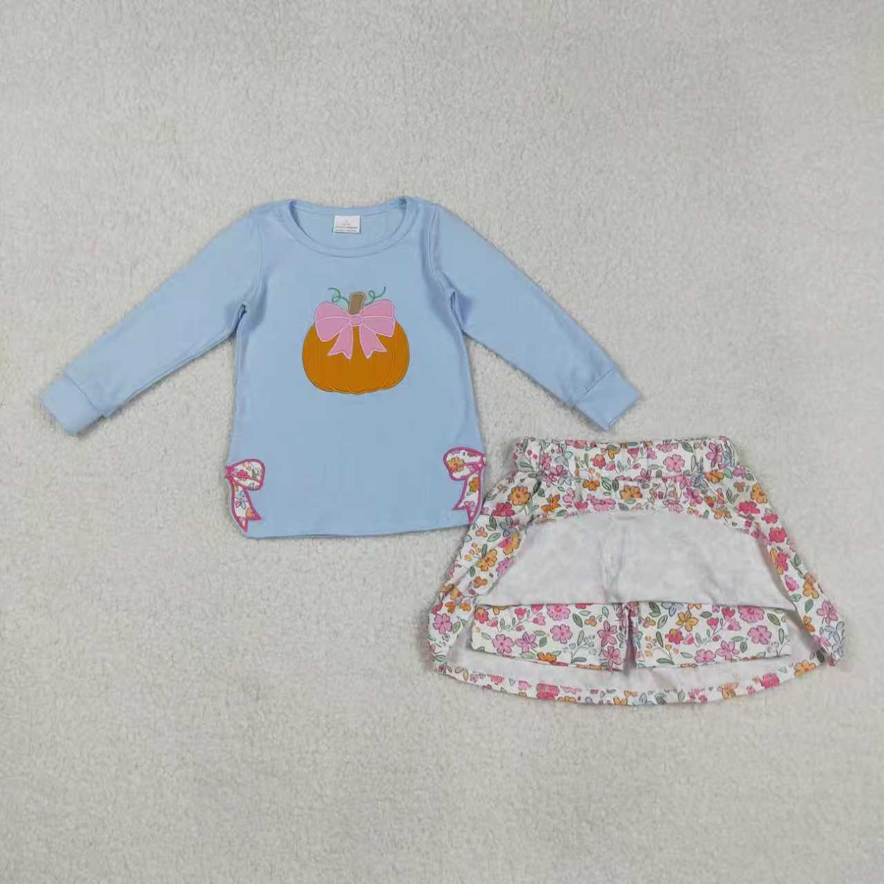 Baby Girl Long Sleeves Embroidery Pumpkin Bows Shirt Leopard Skort Sibling Fall Set RTS
