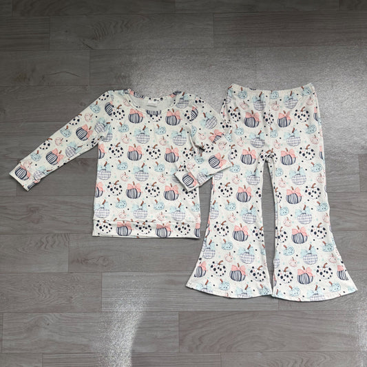 ( No moq ) Preorder Baby Girls Kids Long Sleeves Pumpkins Bows Shirt Bell Pants Fall Set Clothes