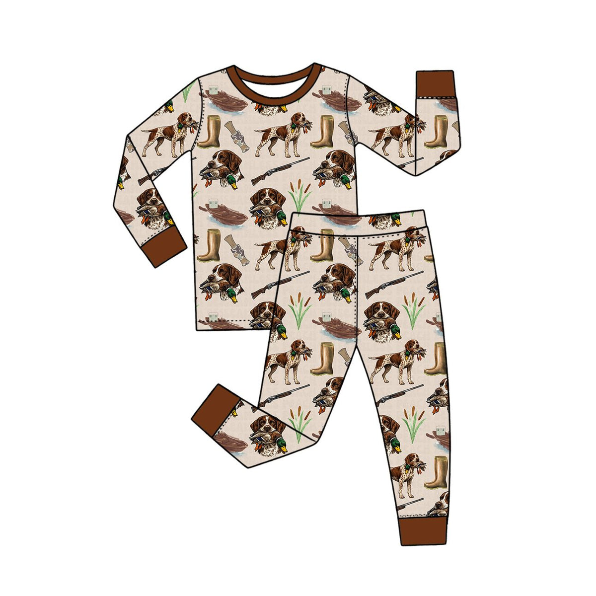 ( Moq 5 ) Preorder Baby Boys Kids Long Sleeves Dogs Ducks Shirt Pants Set Pajamas Hunting Clothes