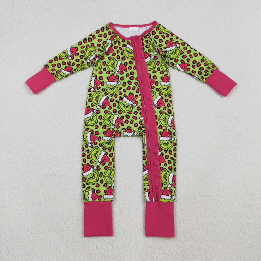 Baby Girl Fur Long Sleeves Green Face Leopard Christmas Red Zipper Pajamas Romper RTS