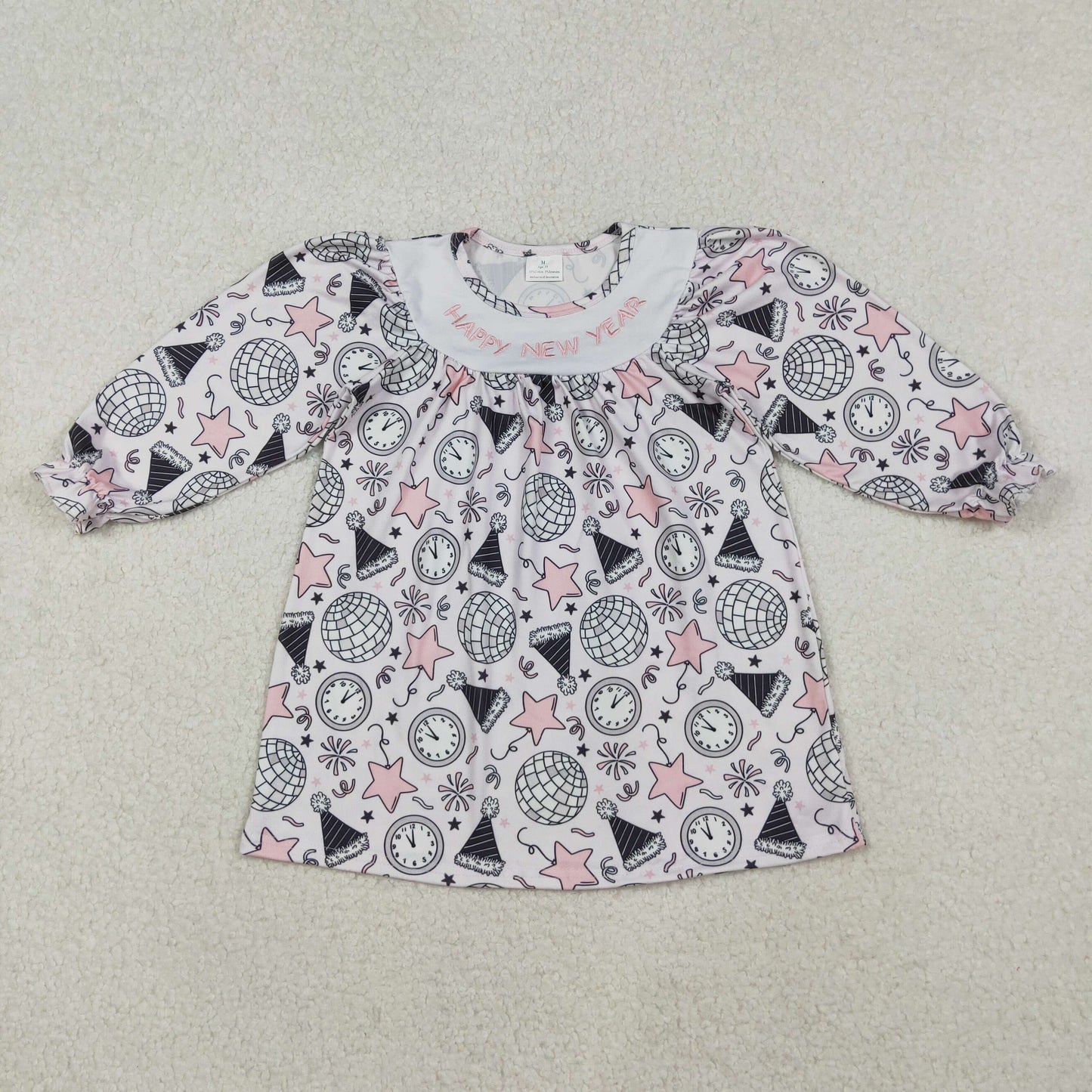 Baby Girl Long Sleeves Embroidery Happy New Year Stars Knee Length Dress RTS