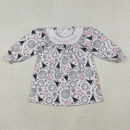 Baby Girl Long Sleeves Embroidery Happy New Year Stars Knee Length Dress RTS