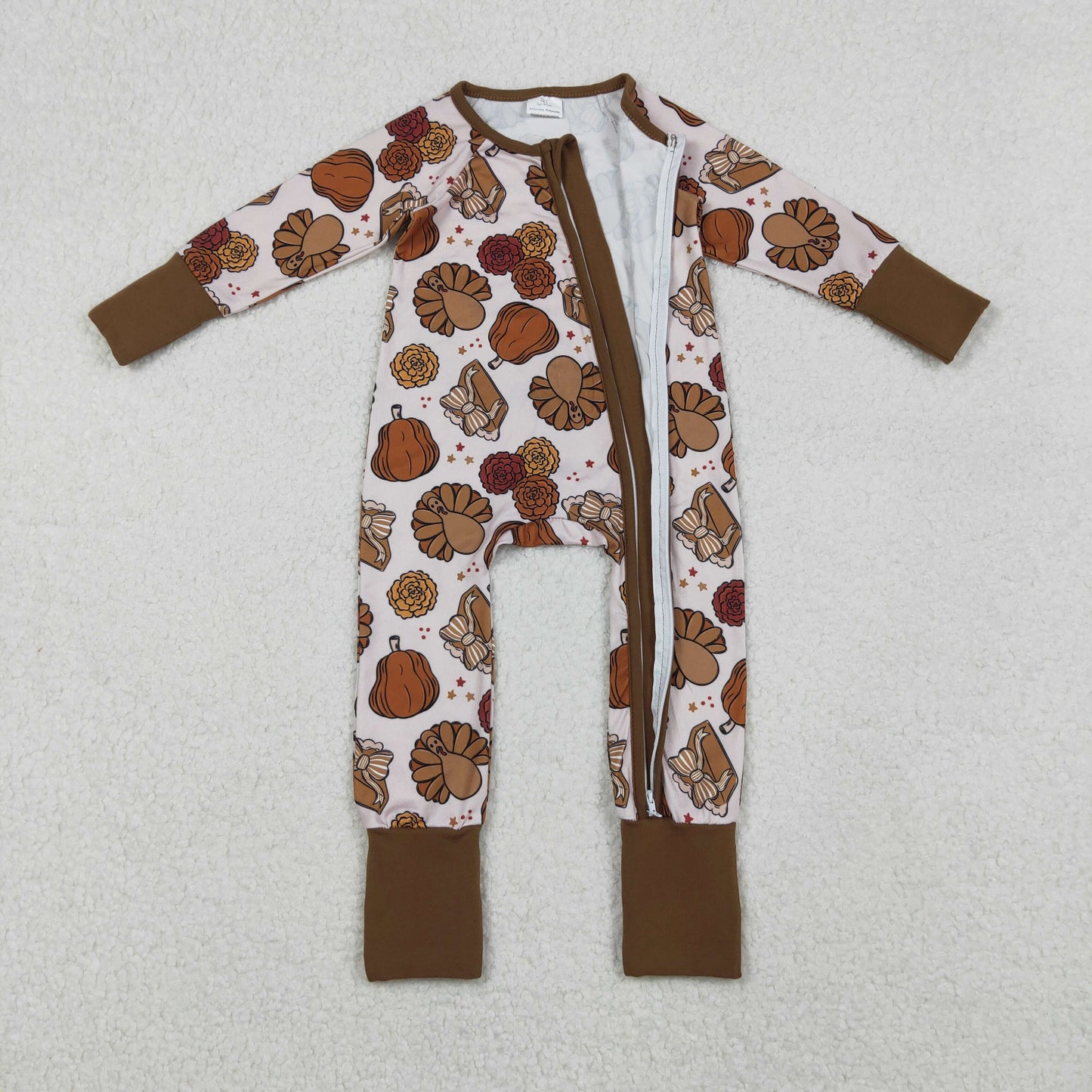 Girls Kids turkey Pumpkin Pie Fall Thanksgiving Zipper Sleeper Romper RTS