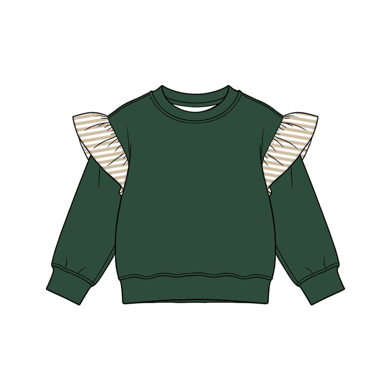 ( Moq 5 ) Preorder Baby Girls Toddler Stripes Ruffle Long Sleeves Green Shirt Tops Clothes