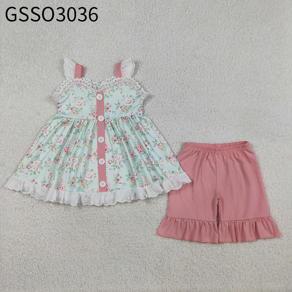 Baby Girls Kids Sleeveless Flowers Buttons Tunic Pink Ruffle Shorts Clothes Set RTS