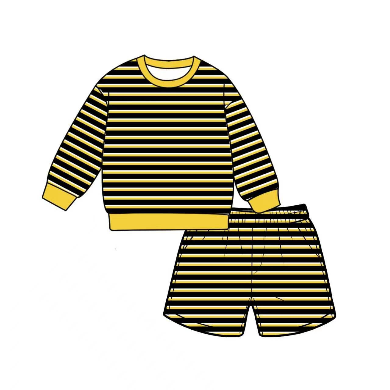 ( Moq 5 ) Preorder Adult Women Long Sleeves Yellow Black Stripes Shirt Pockets Shorts Yoga Active Set