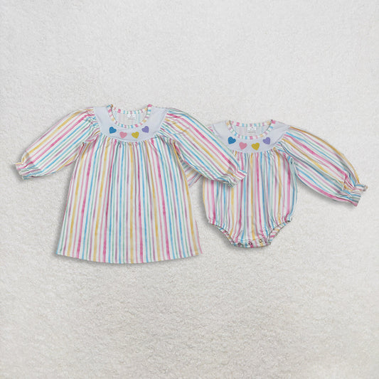 Sibling Baby Girls Kids Long Sleeves Embroidery Hearts Stripes Valentine Romper Dress RTS