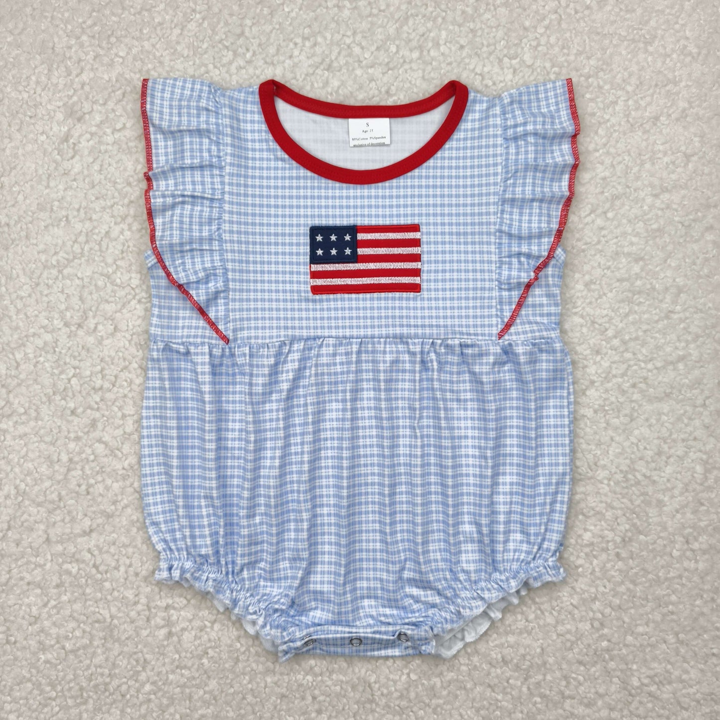 Baby Girl Short Sleeves Embroidery Flags Blue Plaid Sibling Romper Set Clothes RTS