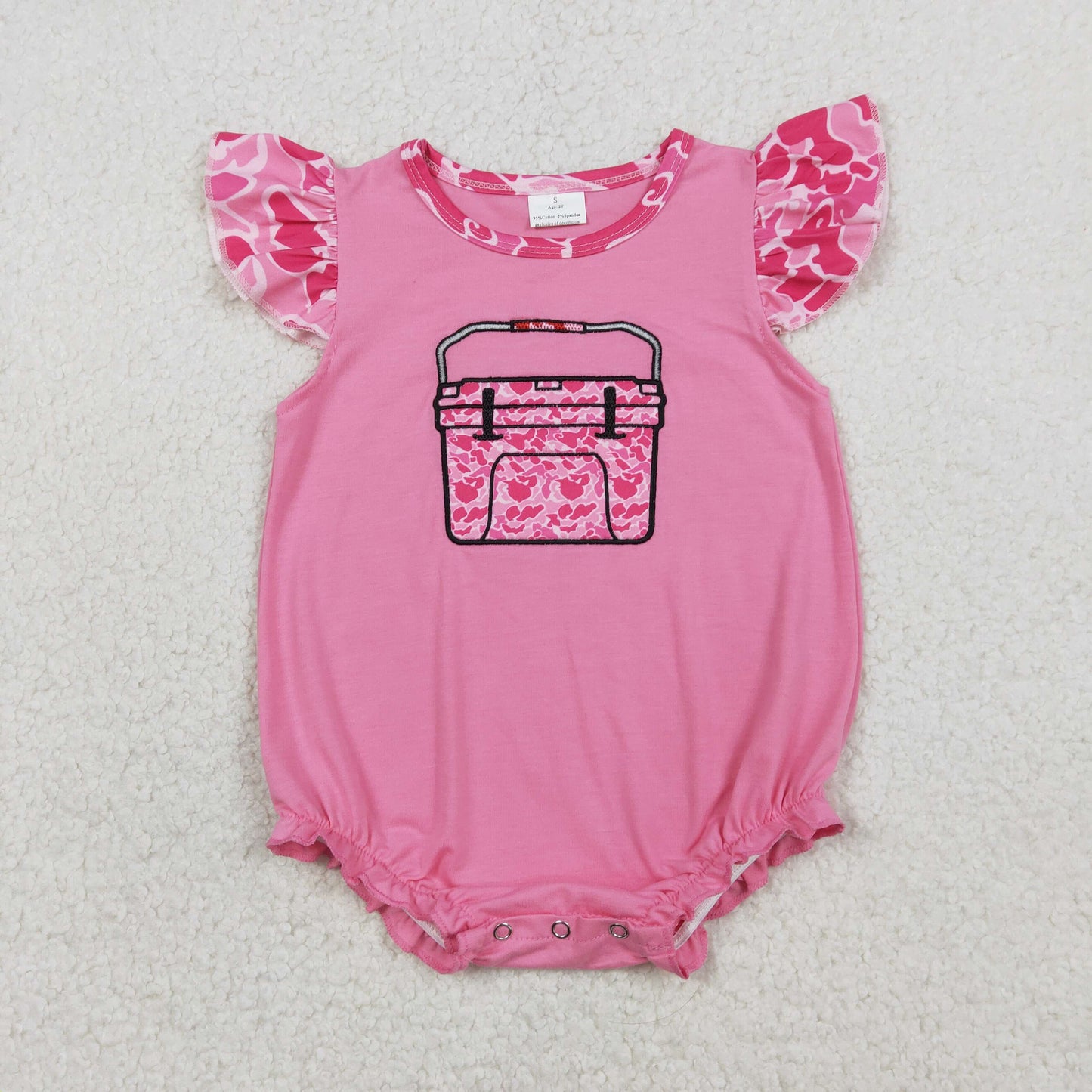 Baby Girls Short Sleeves Embroidery Box Pink Camo Hunting Ruffle Romper RTS