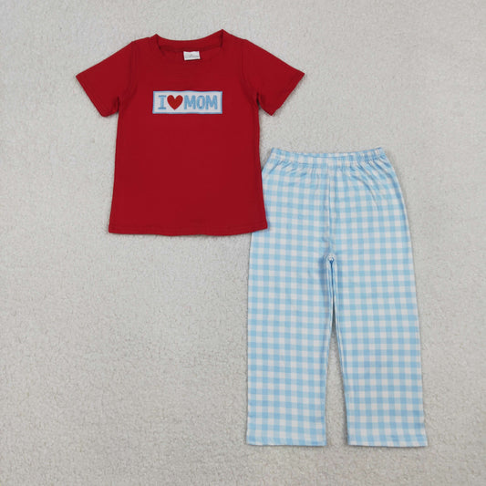 Kids Boys Embroidery I Love MOM Red Shirt Plaid Pants Set Clothes RTS