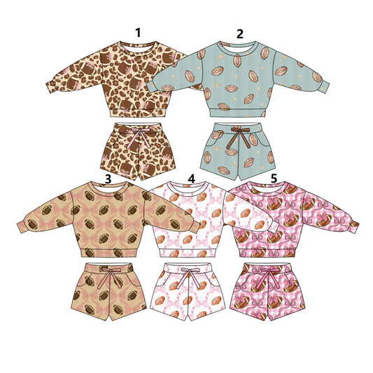 ( Moq 5 Each Style ) Sibling Baby Girls Long Sleeves Football Bows Shirt Pockets Shorts Team Sets
