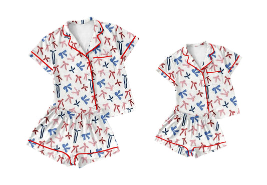 Baby Girl Toddler Adult Women Bows July 4th Short Sleeves Shorts Sibling Family Shorts Pajamas Set ( Moq 5 Each Style )11.26