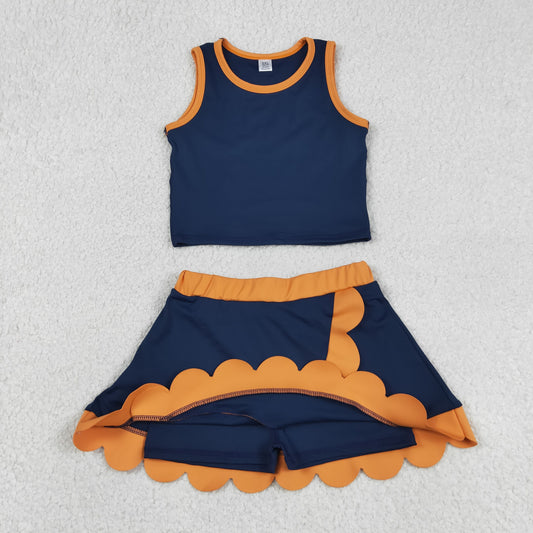 Baby Girls Kids Navy Tops Scallop Skirt Shorts Yoga Active Set Summer Clothes RTS