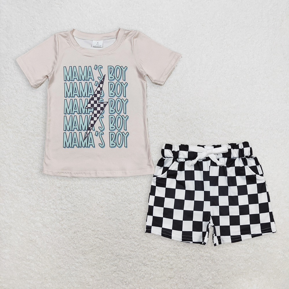 Baby Toddler Kids Short Sleeves Mama's Boy Shirt Black Plaid Pockets Shorts Set RTS