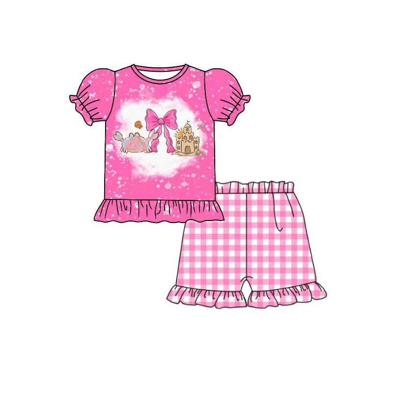 ( Moq 5 ) Preorder Baby Girls Kids Crab Beach Shirt Pink Plaid Shorts Set Summer Clothes