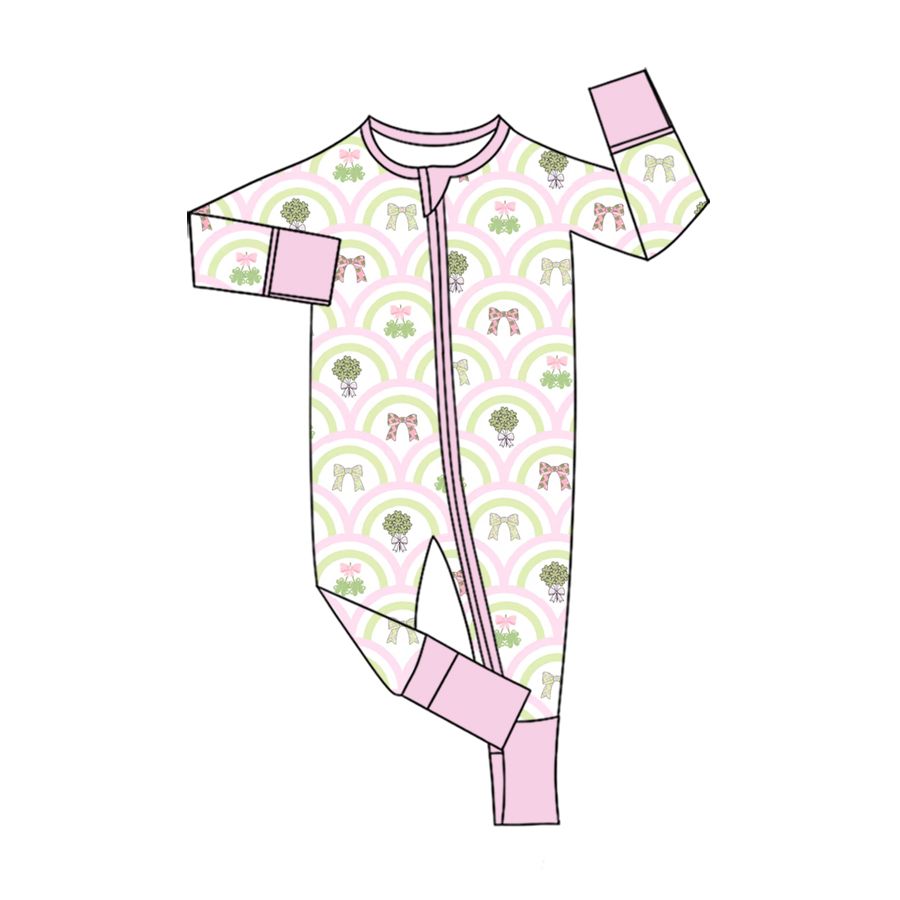 ( Moq 5 ) Preorder Baby Boys Kids Flower Bows St Patrick Zipper Footie Sleeper Romper Clothes