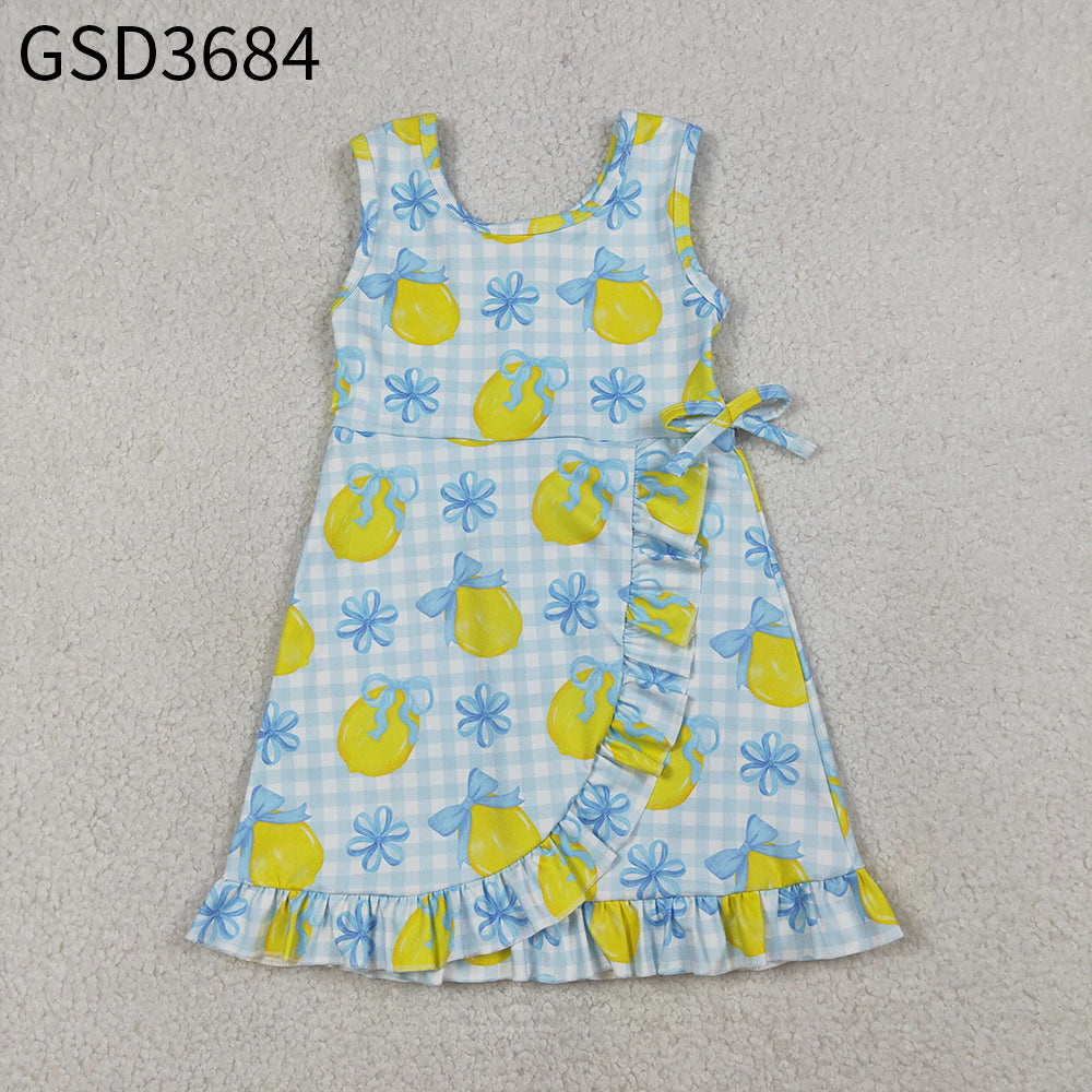 Baby Girls Kids Sleeveless Lemons Bows Blue Plaid Yoga Active Shorts Knee Length Dress RTS