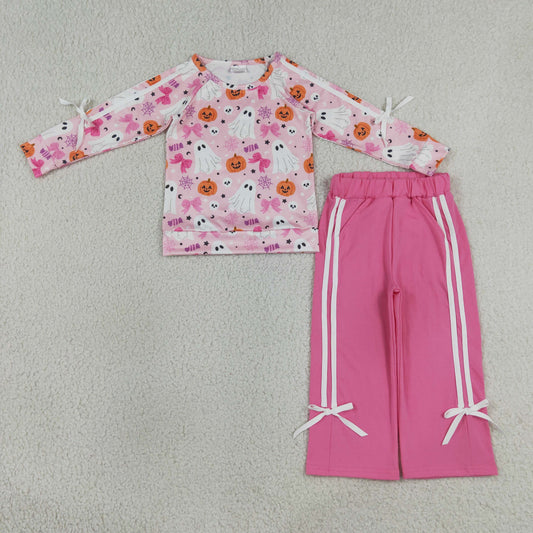 Baby Girls Kids Halloween Ghost Pumpkins Bows Shirt Pockets Pink Pants Set RTS