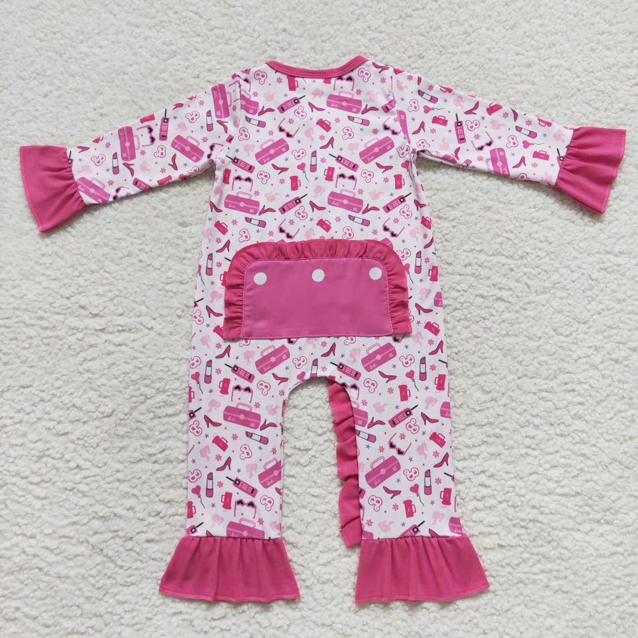 LR0600 Baby Girl Pink Doll Long Sleeves Zipper One Piece Romper