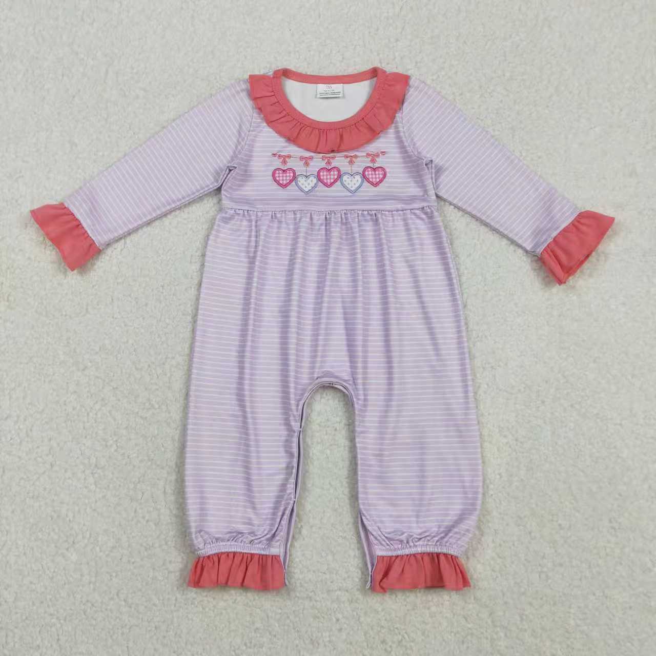 Sibling Baby Girls Kids Embroidery Hearts Bows Stripes Valentine's Day Romper Clothes Set RTS