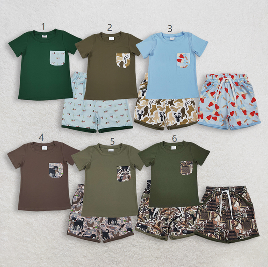 Sibling Baby Boys Kids Short Sleeves Cotton Shirts Pockets Shorts Sets Summer Camo Clothes RTS