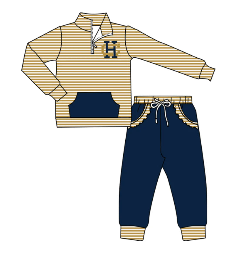 ( Moq 5 ) Baby Girls Toddler Stripes Long Sleeves Zipper HC Pullover Pockets Pants Team Clothes Outfit