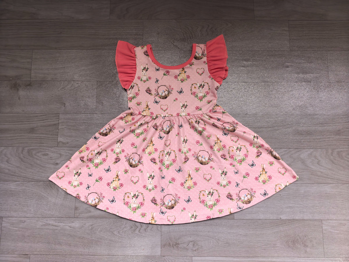 ( No moq ) Preorder Baby Girls Kids Short Sleeves Rabbits Eggs Flower Easter Dress Clothes