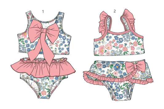( Moq 5 Each Style ) Sibling Baby Girls Kids Floral Tops Ruffle Shorts Pink Bows Sets Summer Swimsuits