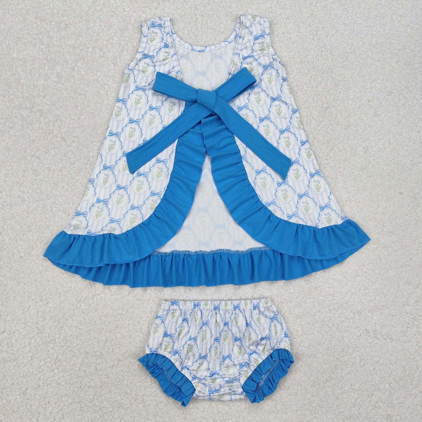 Baby Girl Blue Bows Ruffle Tops Bummie Clothes Set