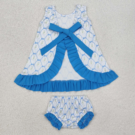 Baby Girl Blue Bows Ruffle Tops Bummie Clothes Set