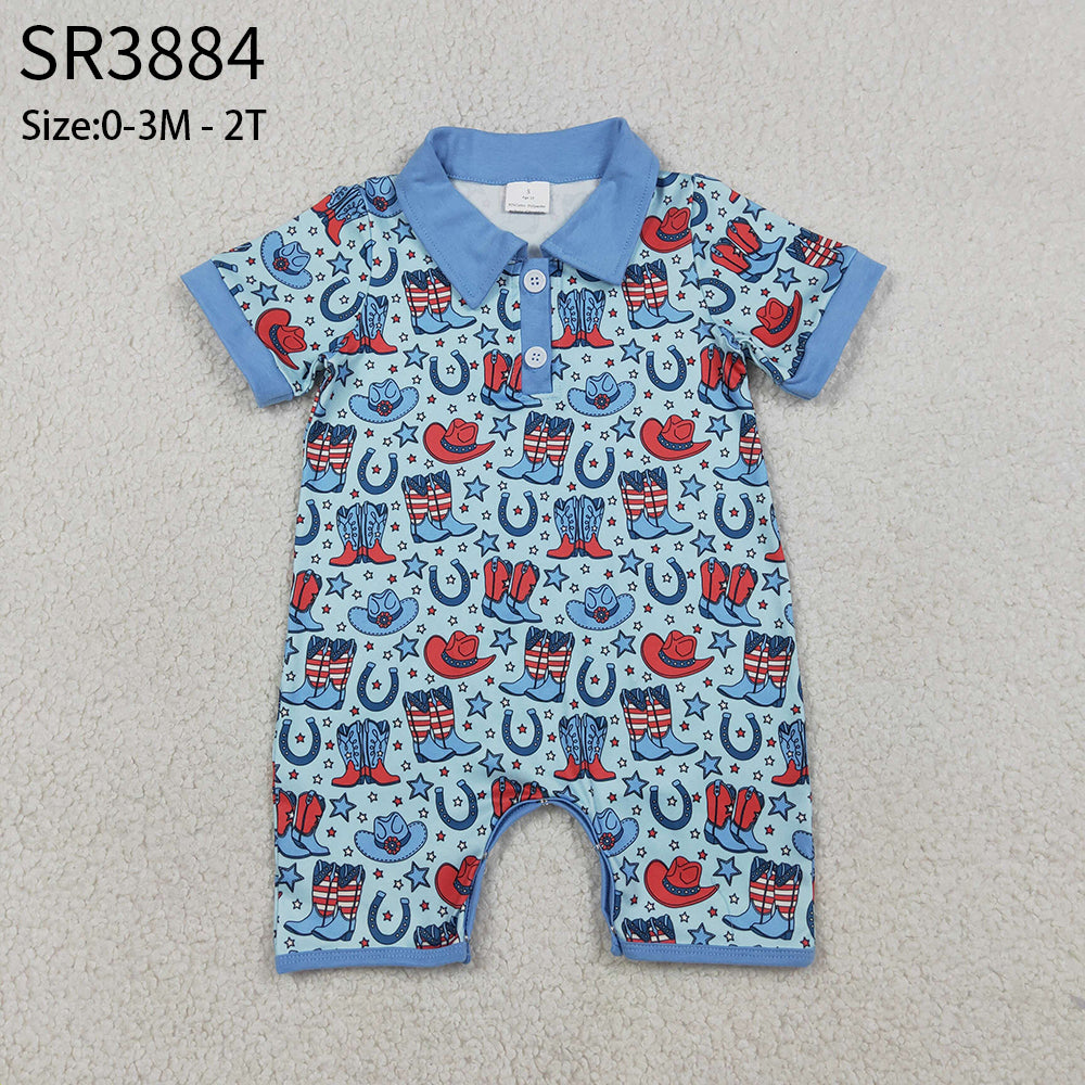 Baby Boys Short Sleeves Buttons Hats Boots Stars 4th of July Western Blue Romper RTS