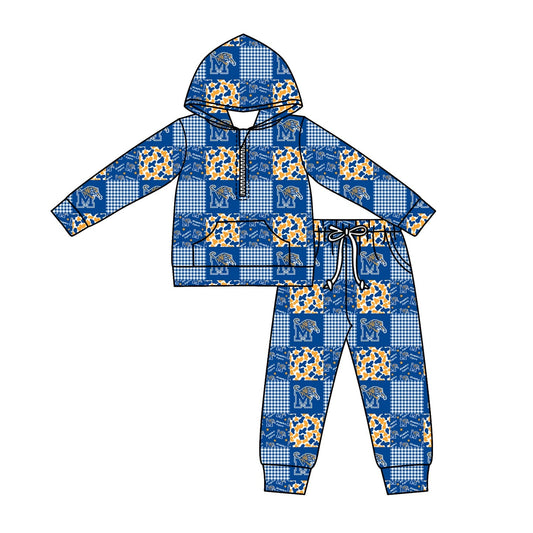 ( Moq 5 ) Baby Kids Blue Long Sleeves Zipper Tiger Pullover Pockets Camo Pants Team Clothes Set