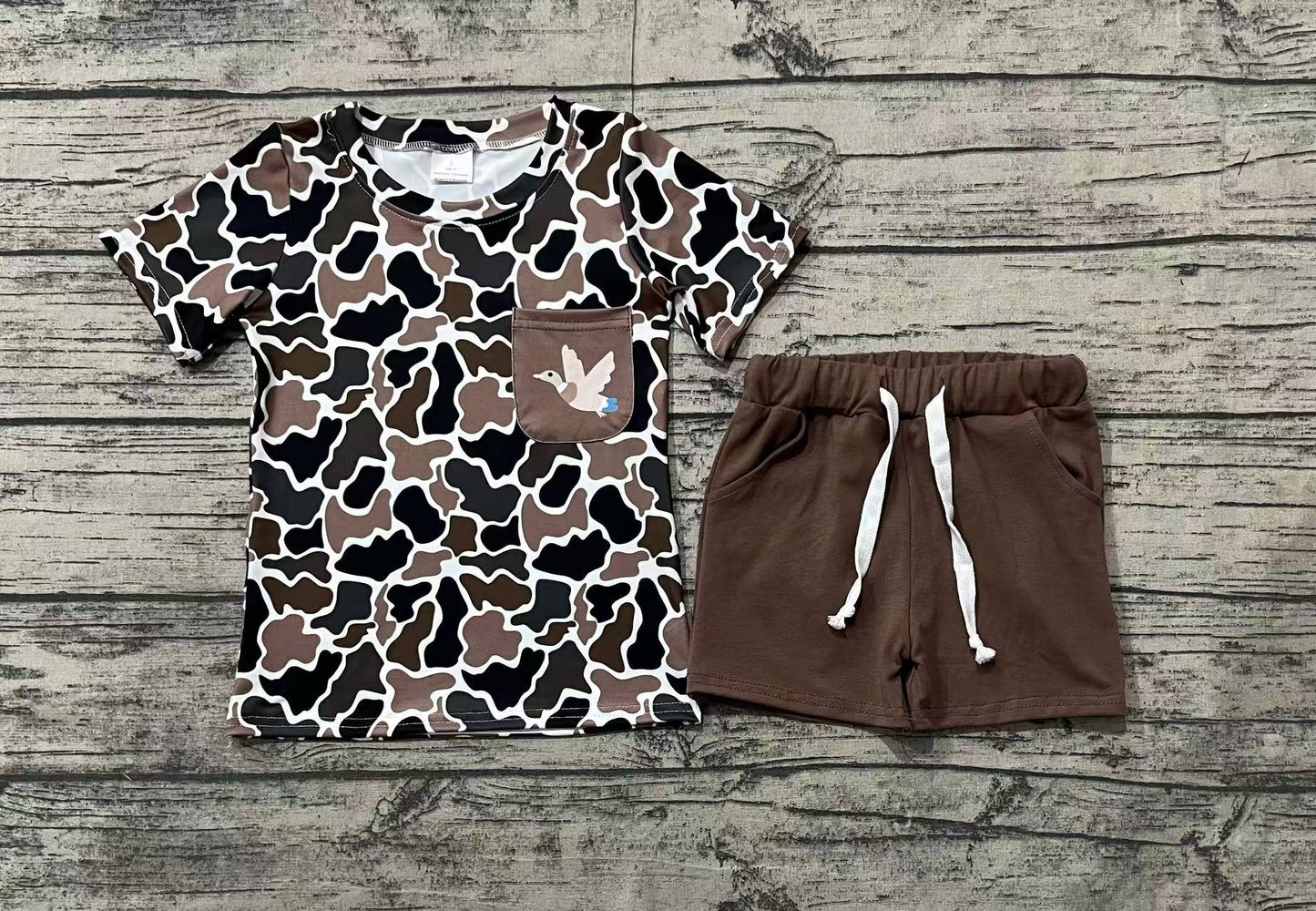 Baby Boy Short Sleeves Duck Camo Pocket Shirt Brown Cotton Shorts Clothes Set