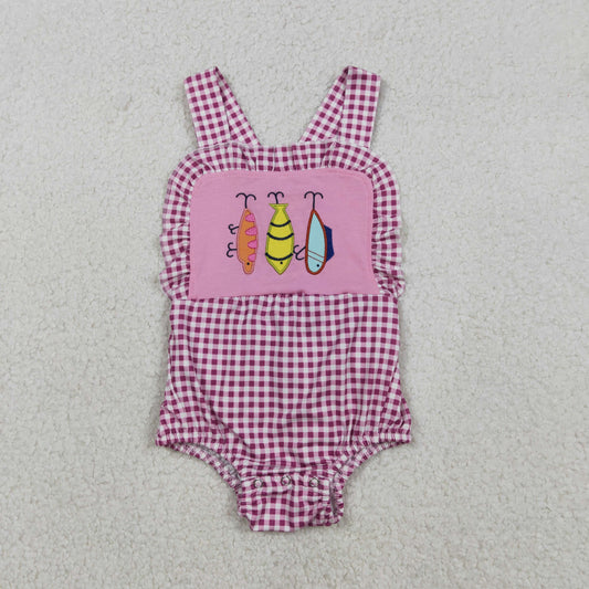 Baby Girls Infant Straps Embroidery Fishing Plaid Ruffle Bubble Romper RTS