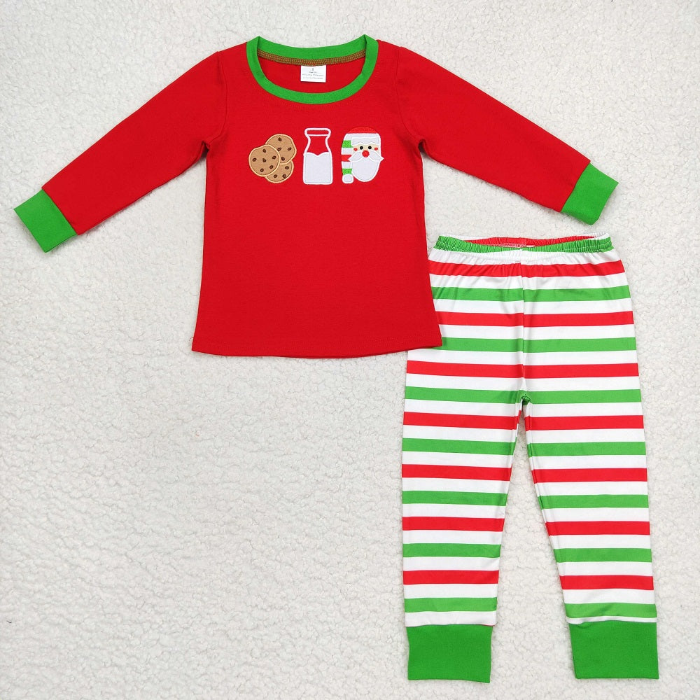 GLP0726 Baby Girl Long Sleeves Embroidery Christmas Santa Cookie Stripes Pants Outfit Pajamas