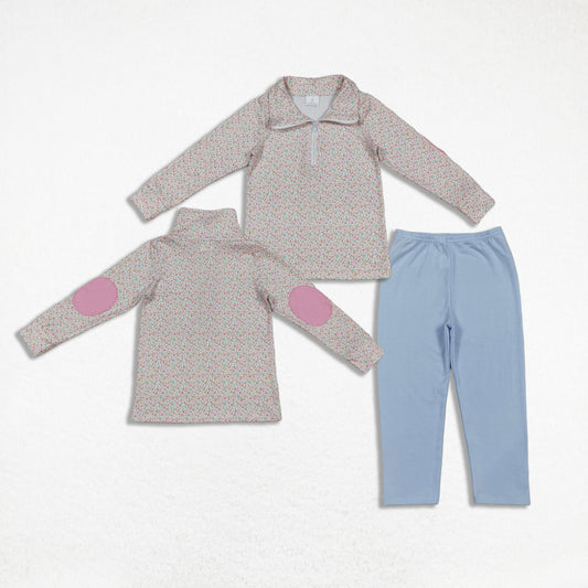 Baby Girl Long Sleeves Floral Zipper Shirt Blue Cotton Pants Set RTS