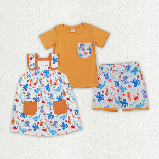 Baby Boy Girl Kids Pockets Sea Animals Sibling Dress Set Clothes RTS