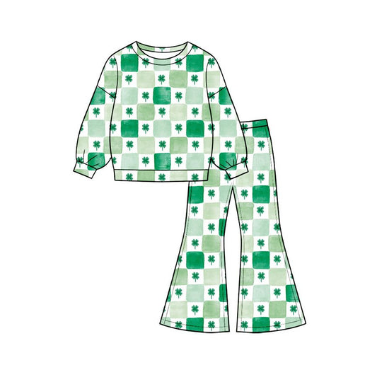 ( Moq 5 ) Preorder Baby Girls Kids Long Sleeves Clovers Checked Shirt Pants St Patrick Set Clothes