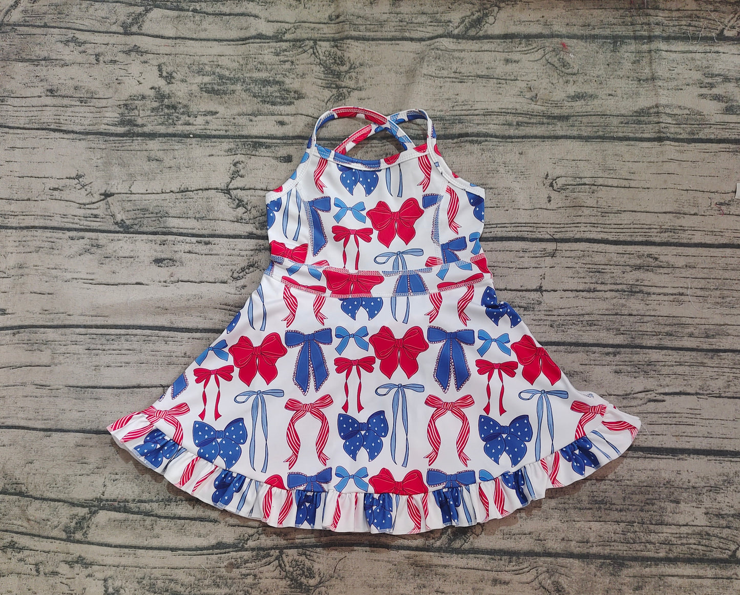 Baby Girl Straps 4th Of July Bows Yoga Active Knee Length Pink Dress RTS