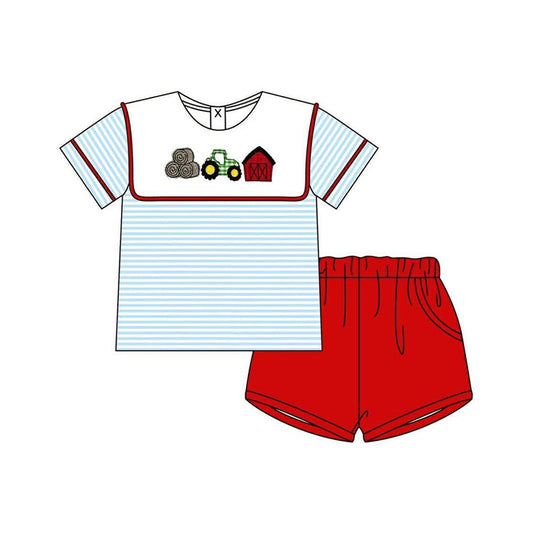( Moq 5 ) Preorder Baby Boys Kids Short Sleeves Tractor Farm Stripes Shirt Red Pockets Shorts Set
