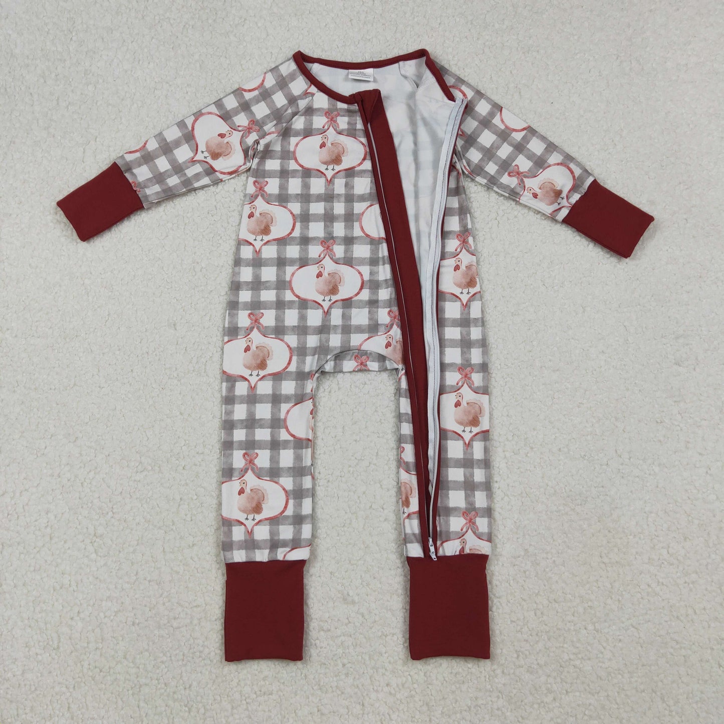 Sibling Girls Kids Long Sleeves turkey Bows Plaid Thanksgiving Zipper Romper Pajamas Clothes Set RTS