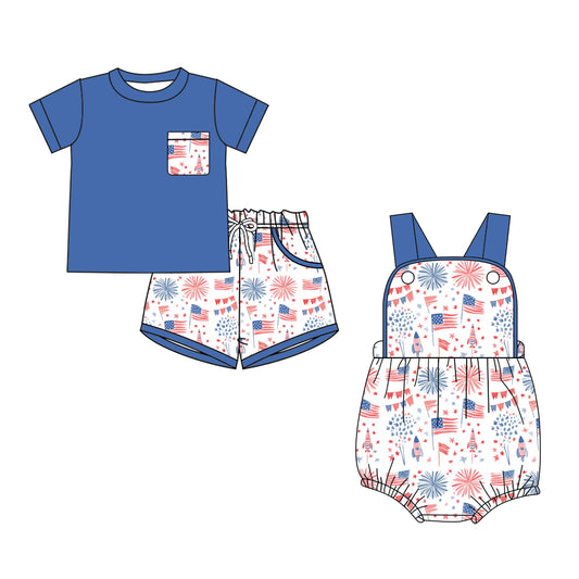 ( Moq 5 Each Style ) Sibling Baby Boys Kids Flags Shirt Pockets Shorts 4th of July Set Romper