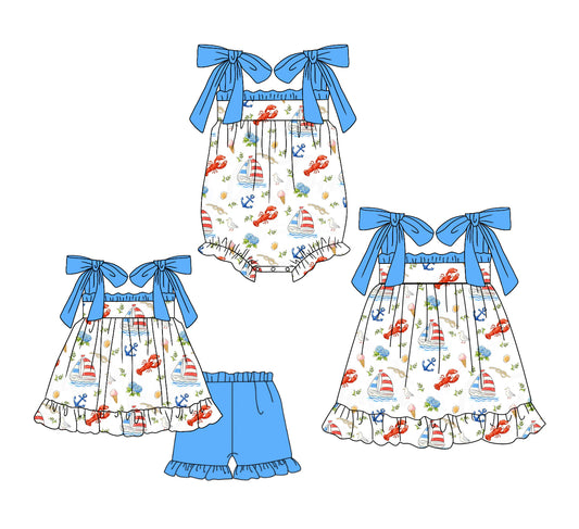 ( Moq 5 Each Style ) Sibling Baby Girls Kids Boats Crayfish Romper Dress Set 4th of July Clothes