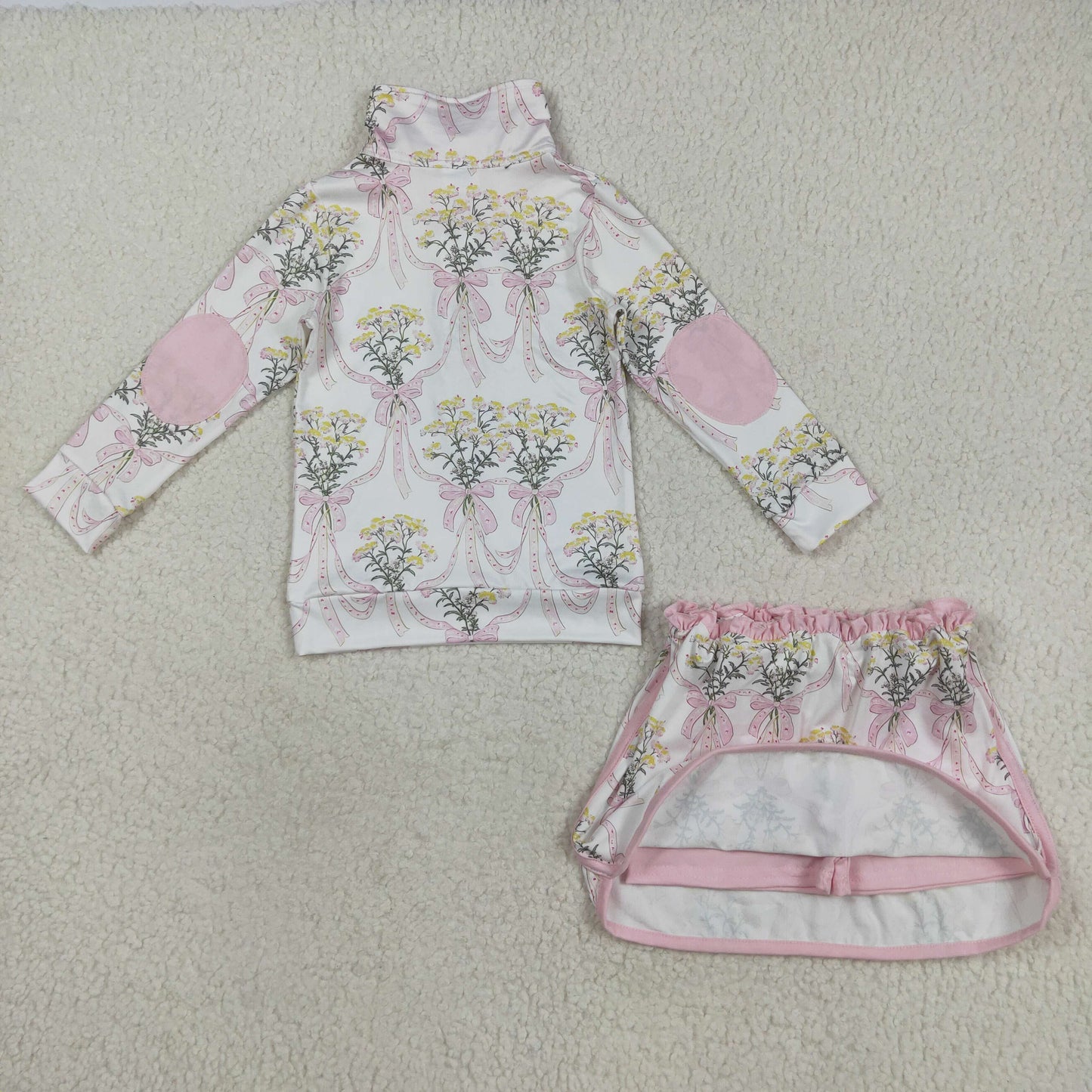 Baby Girl Long Sleeves Flower Pink Bows Zipper Shirt Skort Pink Set RTS