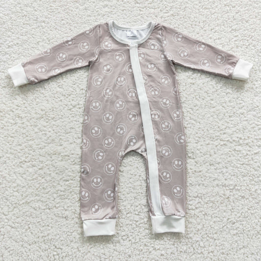 LR0310 Baby Boy Long Sleeves Zipper Smile Grey Romper