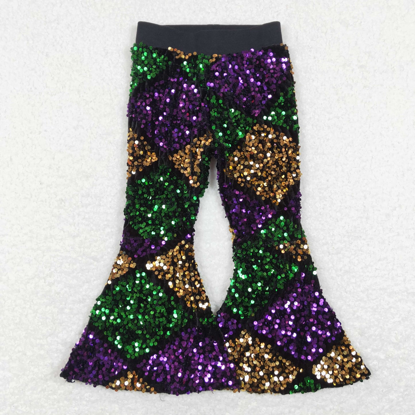 P0359 Baby Girl Mardi Gras Plaid Sequins With Lining Bell Pants