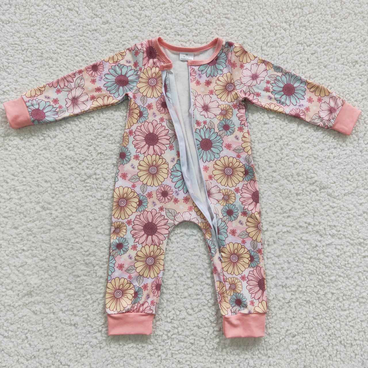 LR0301 Baby Girl Long Sleeves Floral Zipper Romper